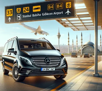 Luxury Mercedes Vito with license plate '34 BNC 267' parked outside Istanbul Airport, showcasing VIP Turkey Transfer services.