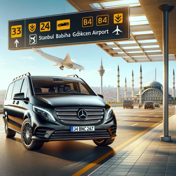 Luxury Mercedes Vito with license plate '34 BNC 267' parked outside Istanbul Airport, showcasing VIP Turkey Transfer services.