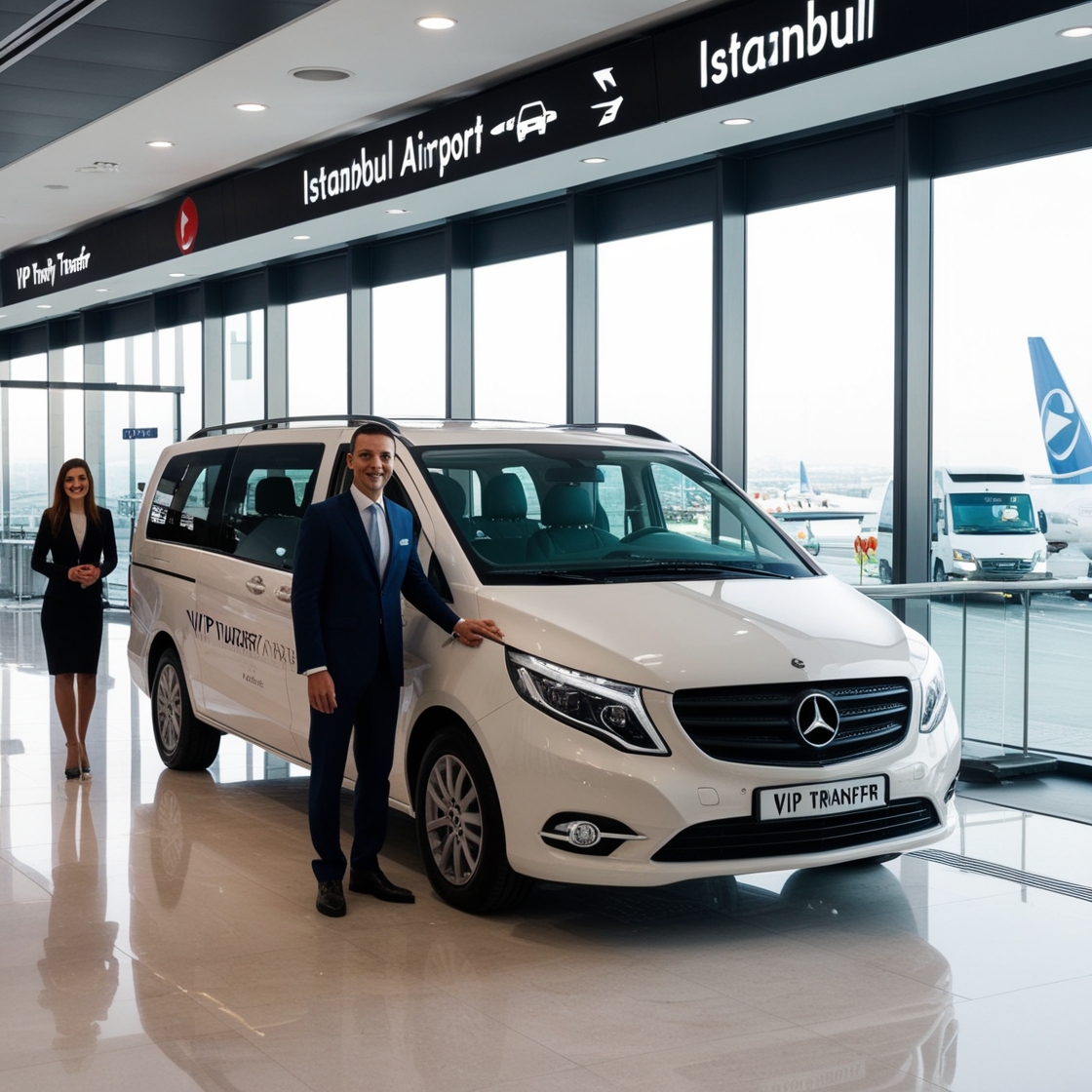 Luxury vehicle from VIP Turkey Transfer at Istanbul Airport arrivals area.