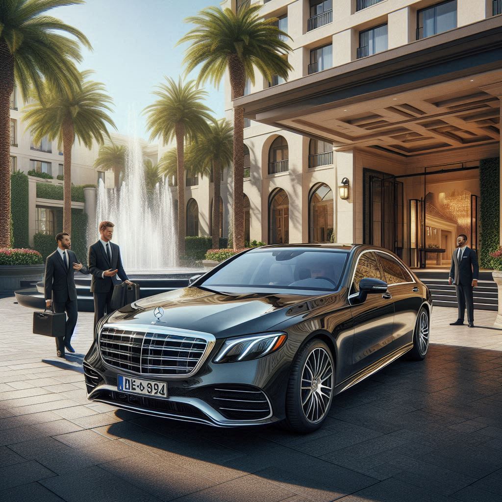 Mercedes S-class and Vito parked in front of a luxurious hotel with a driver ready to assist.