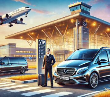 Luxury airport transfer service in Istanbul featuring a Mercedes Vito and S-Class parked near an upscale airport, highlighting the difference between premium transportation and standard taxis.