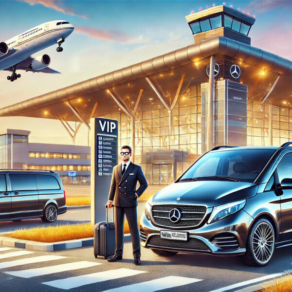 Luxury airport transfer service in Istanbul featuring a Mercedes Vito and S-Class parked near an upscale airport, highlighting the difference between premium transportation and standard taxis.