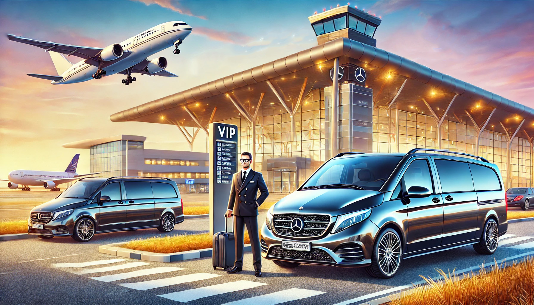 Luxury airport transfer service in Istanbul featuring a Mercedes Vito and S-Class parked near an upscale airport, highlighting the difference between premium transportation and standard taxis.